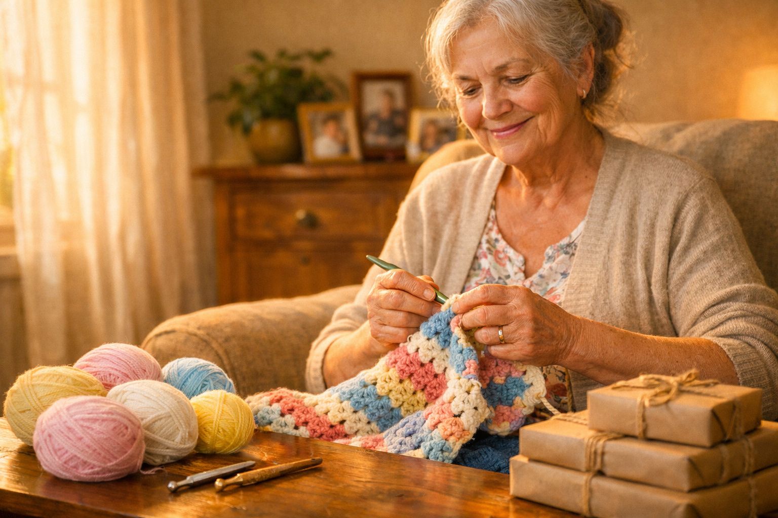 Mulher idosa sorridente fazendo crochê em manta colorida com novelos ao lado e presentes na mesa.