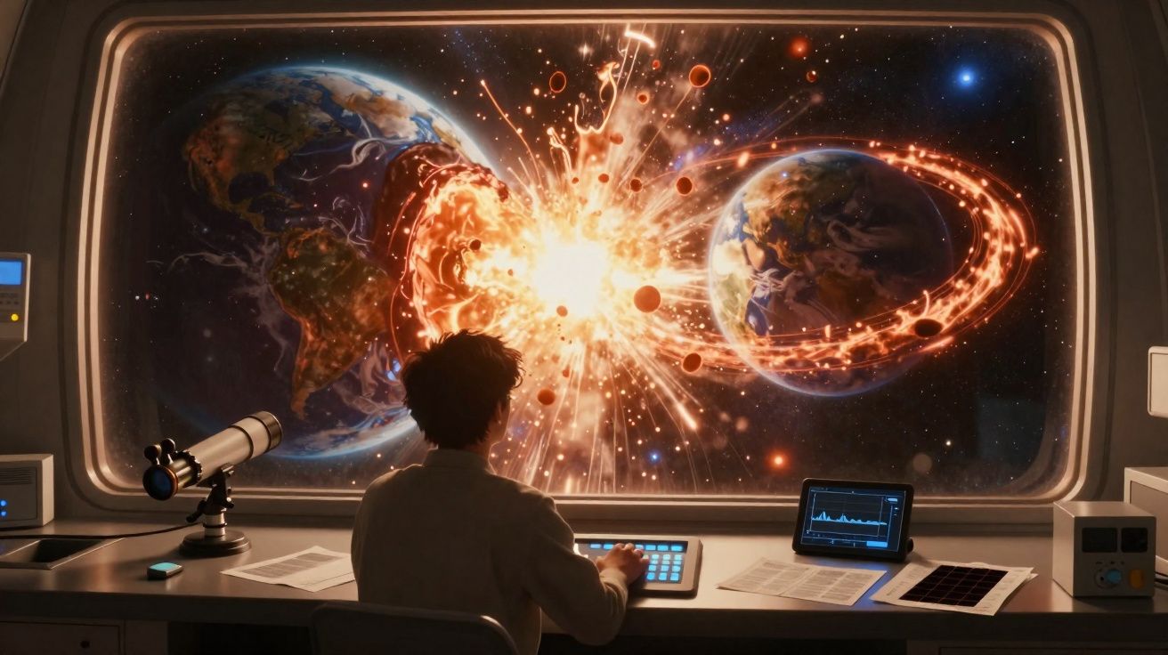 Pessoa observando pela janela de nave explosão de energia entre dois planetas Terra no espaço sideral.