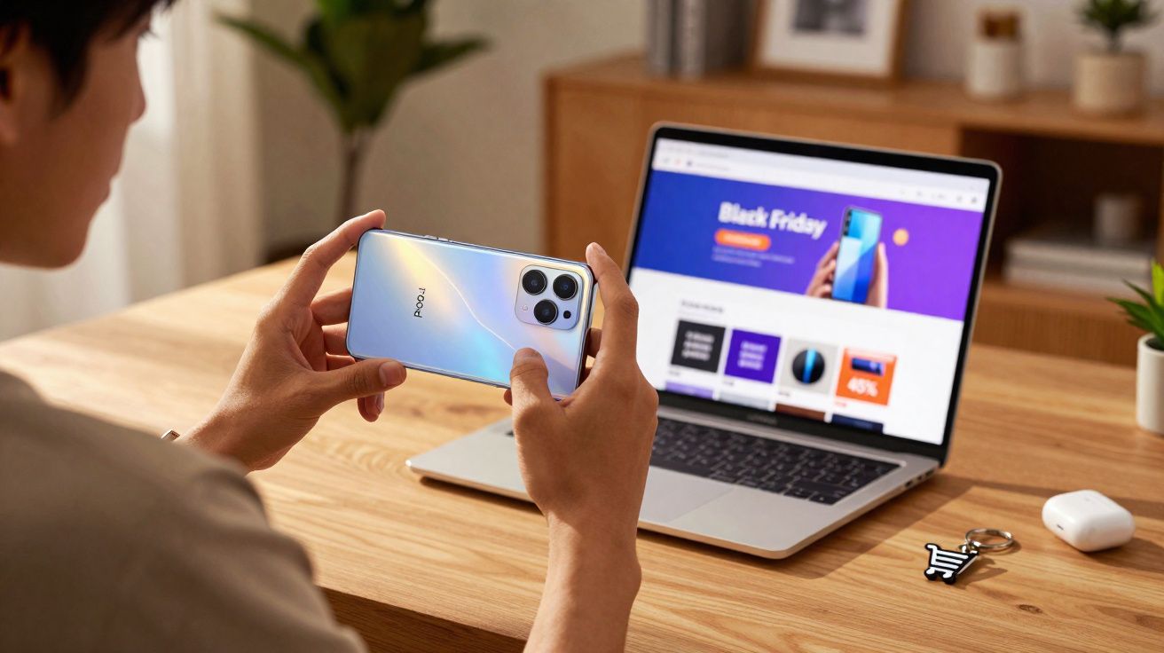 Pessoa segurando um smartphone Xiaomi frente ao notebook com página de Black Friday aberta na tela.