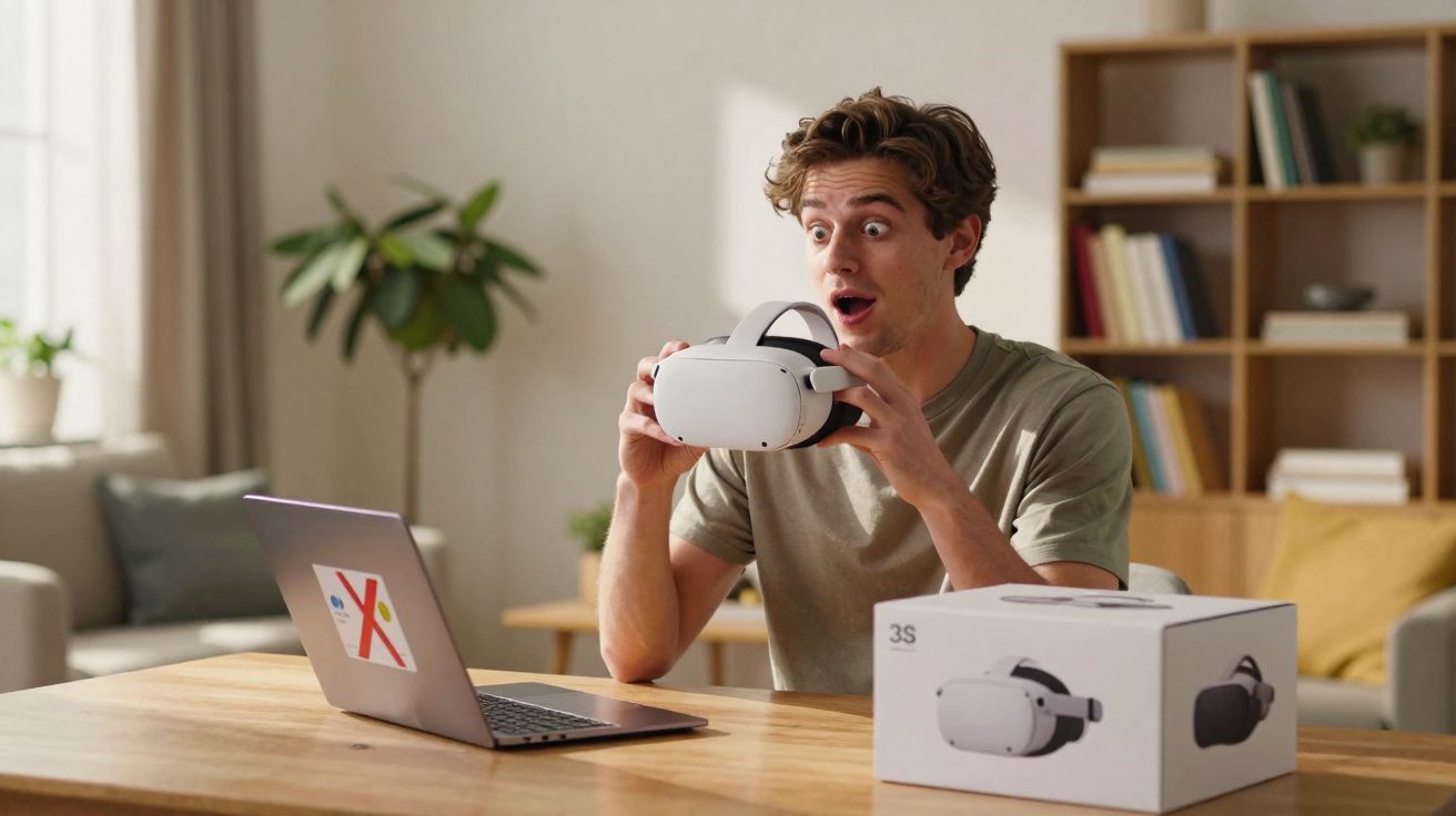 Jovem surpreso segurando óculos de realidade virtual em mesa com notebook e caixa do aparelho.