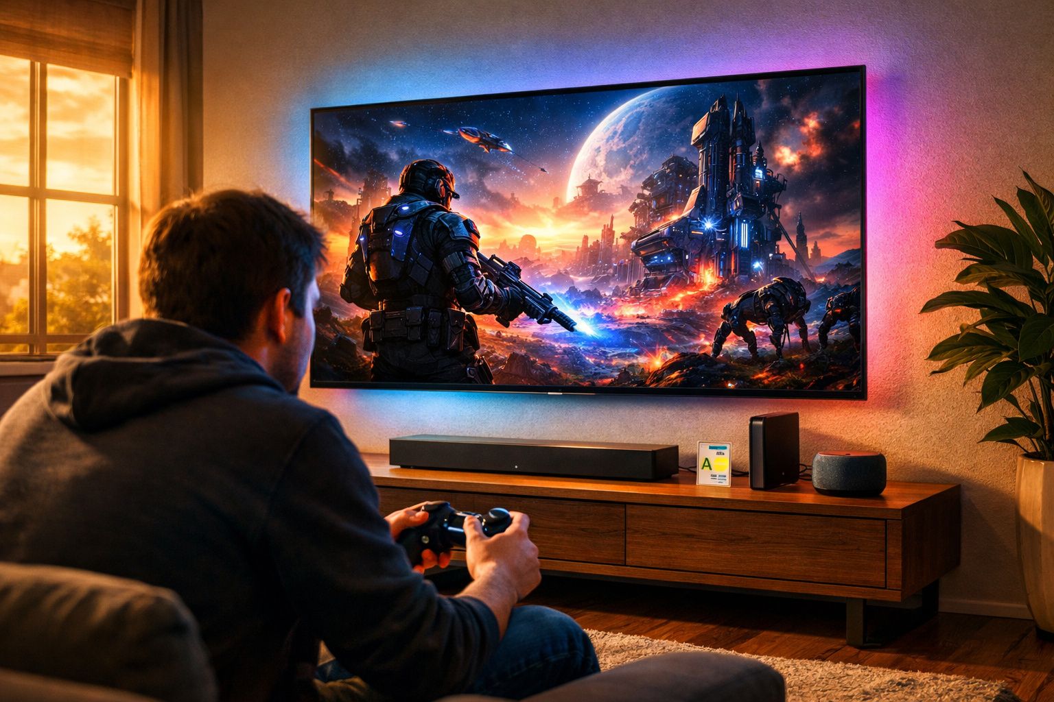 Homem jogando videogame de ficção científica em TV grande com cenário espacial colorido na sala.