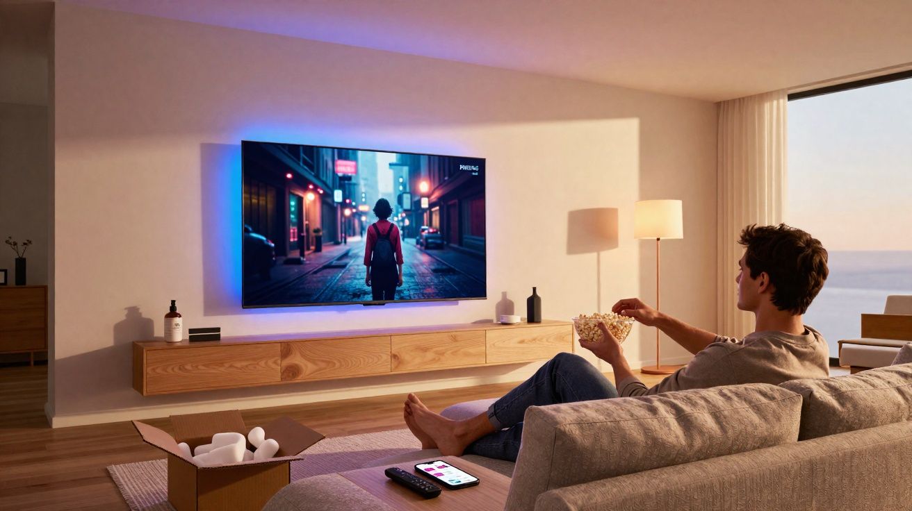 Homem assistindo TV em sala aconchegante com sofá, pipoca e luz natural ao entardecer.