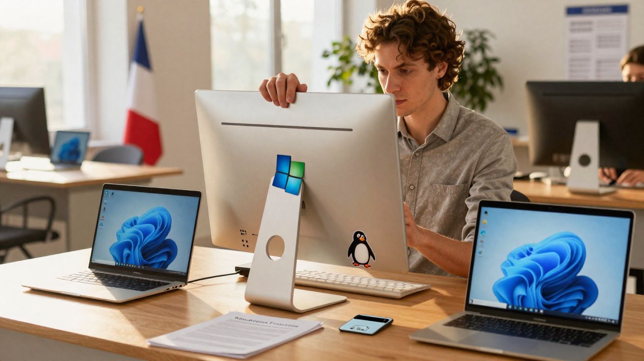 Pessoa concentrada mexendo em computador desktop com adesivo de pinguim, cercado por dois notebooks e celular em mesa.