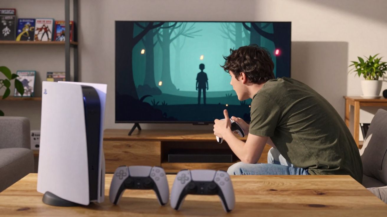 Jovem jogando videogame em console PlayStation 5, com dois controles na mesa e TV exibindo jogo.