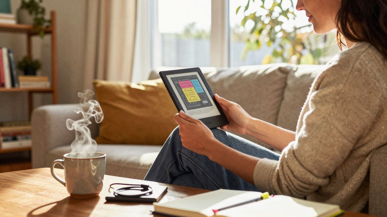 Mulher lendo em e-reader no sofá com xícara de chá quente e material de estudo na mesa.