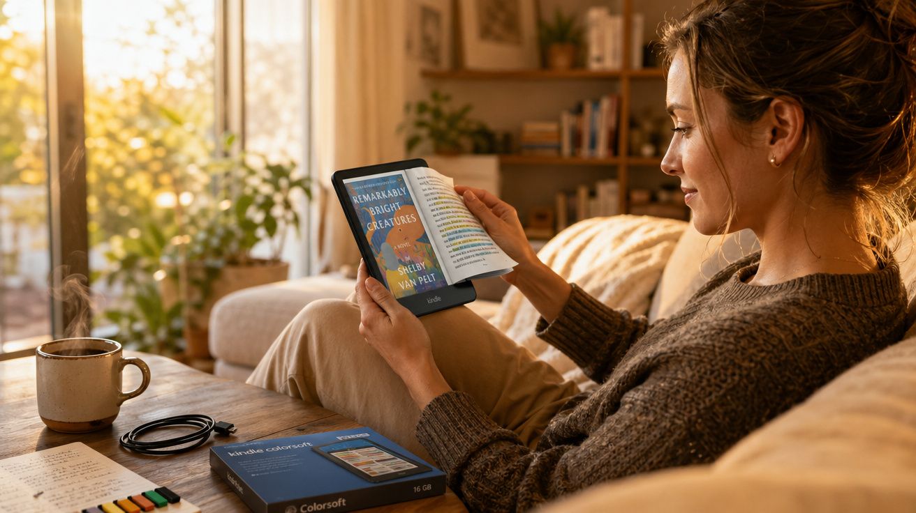 Mulher relaxando no sofá lendo livro digital Kindle em ambiente aconchegante com luz natural e café quente na mesa.