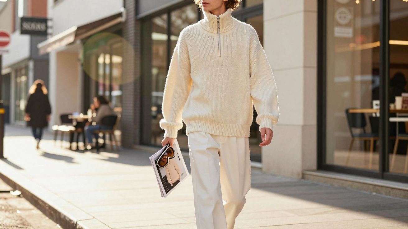 Pessoa caminhando na rua com suéter creme, calça clara e segurando revista.