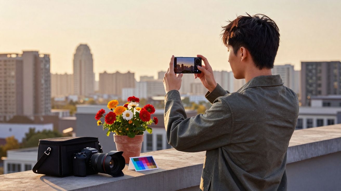 Homem tirando foto de flores no terraço com prédios ao fundo ao pôr do sol.