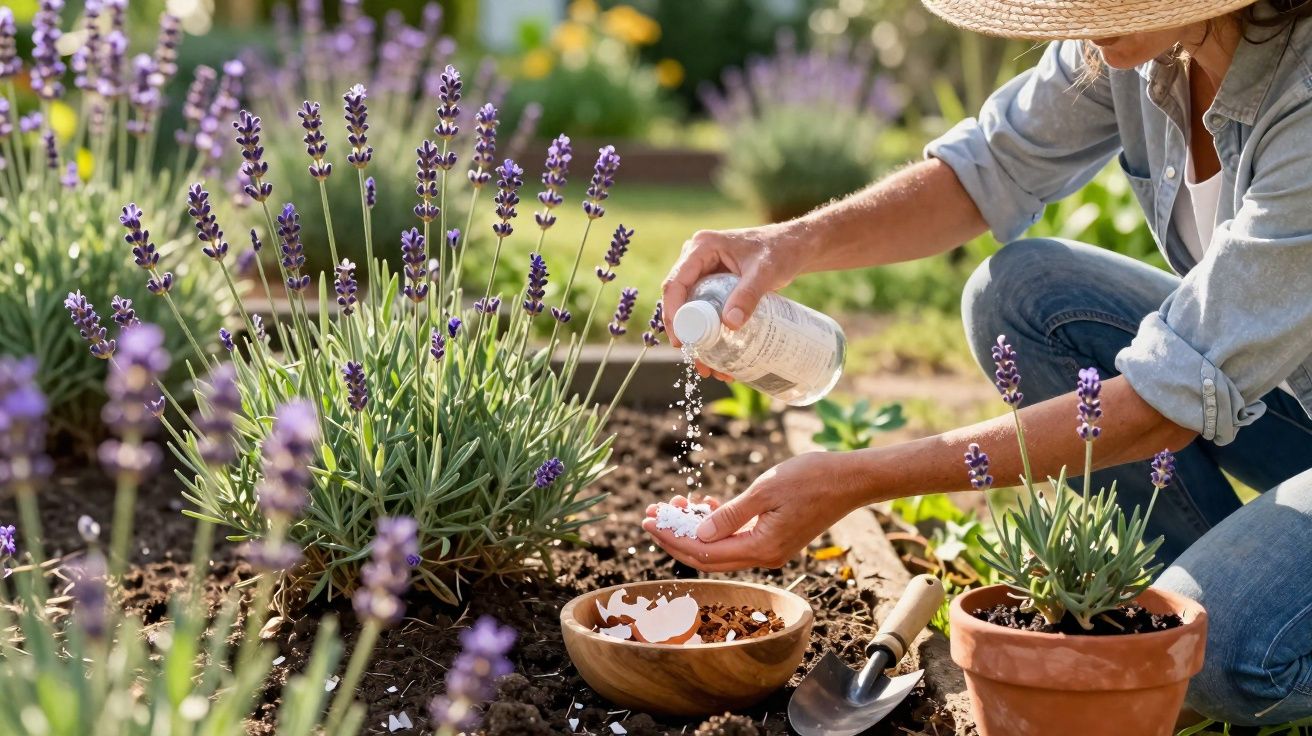 Pessoa usando chapéu de palha fertilizando plantas de lavanda em jardim com utensílios de jardinagem ao lado.