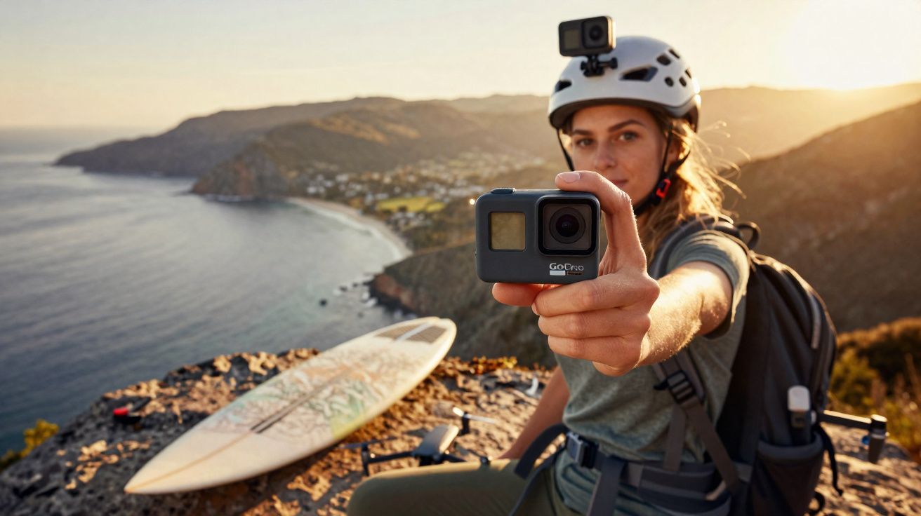 Mulher com capacete segurando câmera GoPro em penhasco com prancha de surf e mar ao fundo.