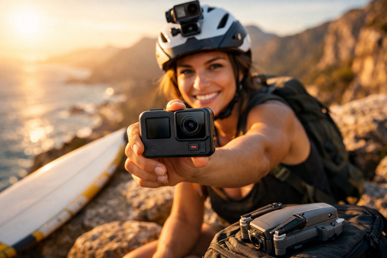 Mulher sorridente com capacete segura câmera de ação em montanha próxima ao mar ao pôr do sol.