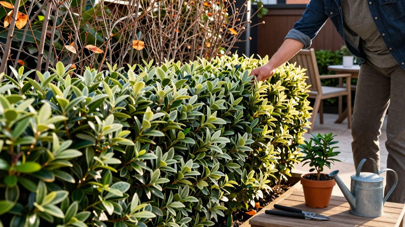 Pessoa cuidando de arbusto com regador e muda em vaso sobre mesa de madeira em jardim.
