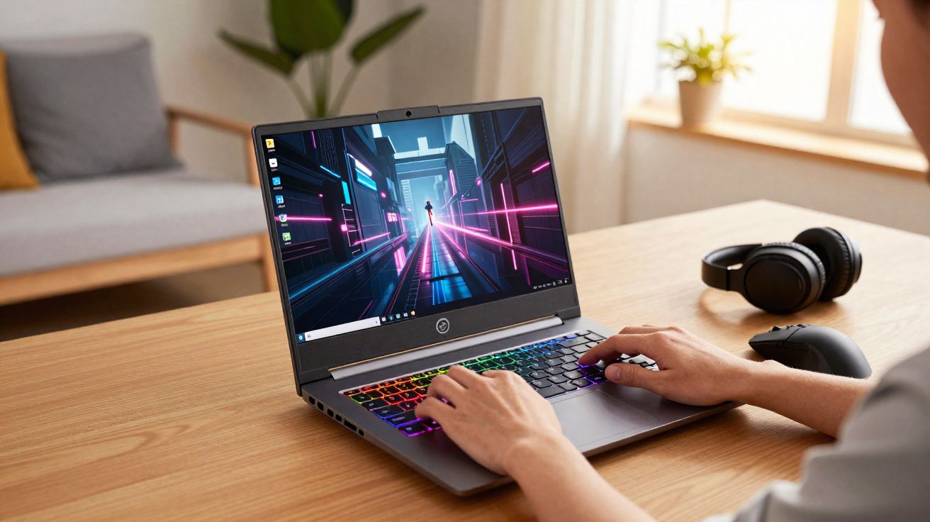 Pessoa usando notebook com teclado iluminado em uma mesa de madeira, fones e mouse ao lado.