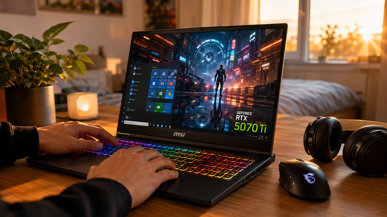 Pessoa usando notebook MSI com teclado colorido, mouse gamer e fone de ouvido em ambiente iluminado.