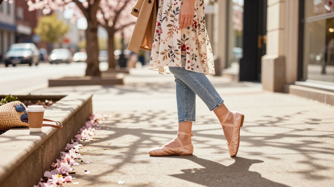 Pessoa de vestido floral, calça jeans e sapatilha de ballet na calçada com flores caídas ao redor.