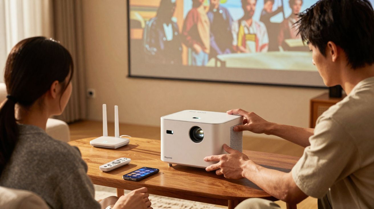 Casal ajusta projetor branco sobre mesa de madeira para assistir filme em sala.