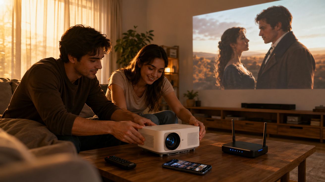 Casal ajusta projetor em sala de estar com filme sendo projetado na parede ao fundo.
