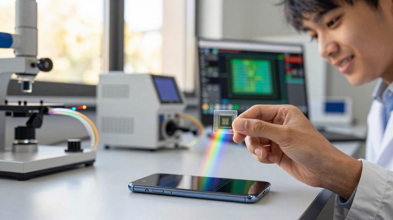 Pesquisador segurando microchip perto de smartphone com laboratório e equipamentos tecnológicos ao fundo.