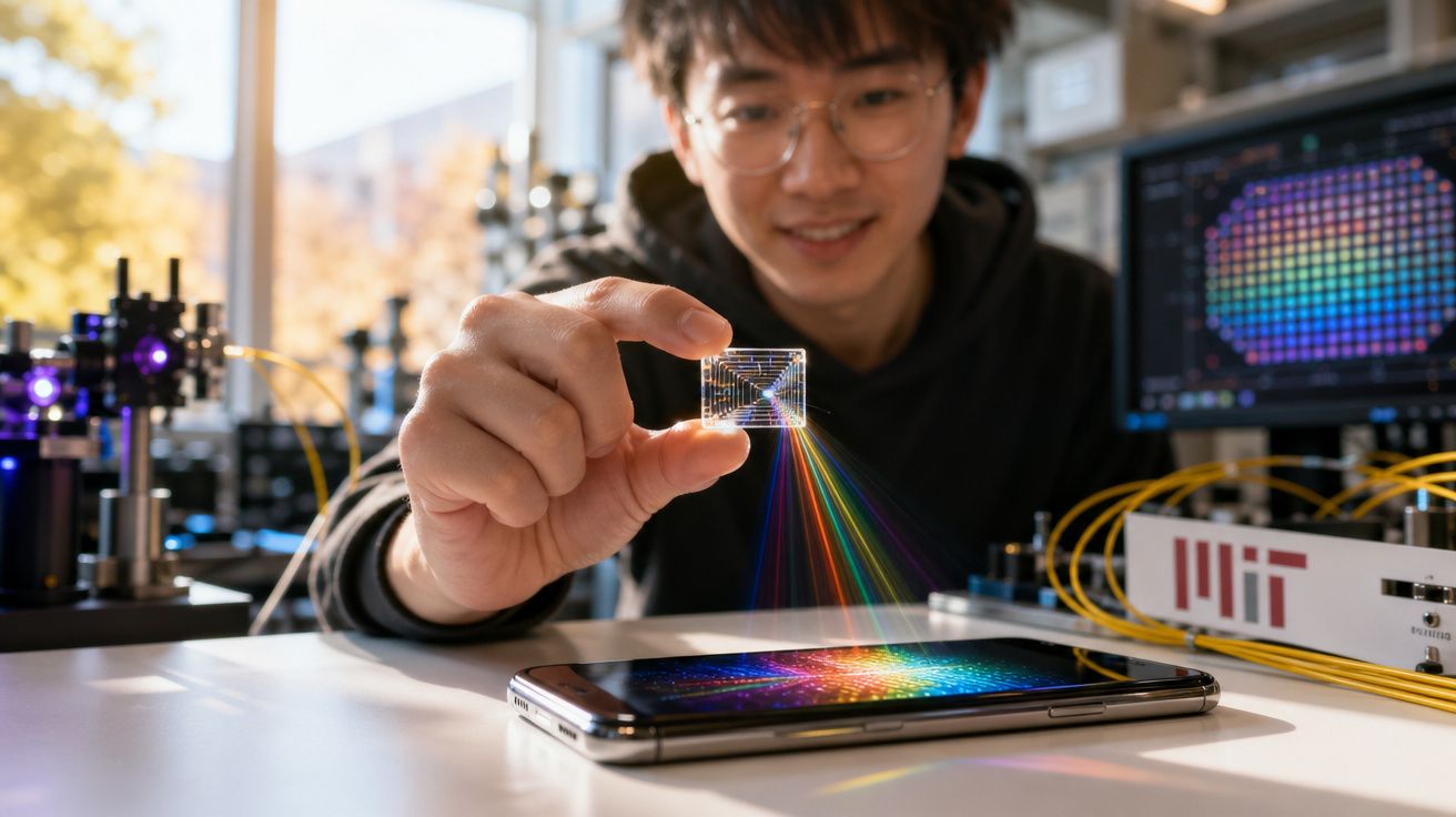 Pesquisador segura pequeno dispositivo que projeta espectro de luz colorida sobre smartphone em laboratório.