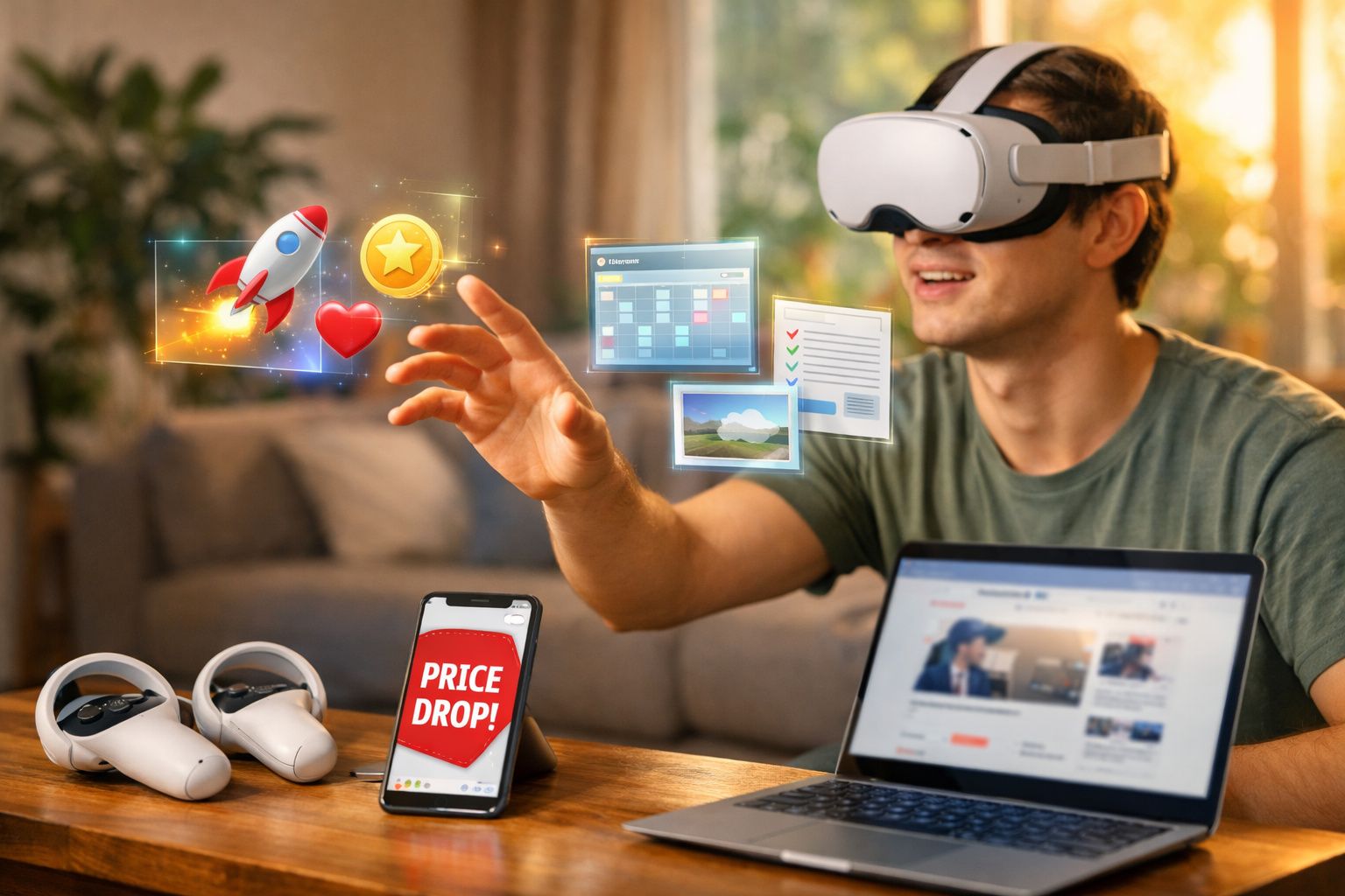 Homem usando óculos de realidade virtual interage com ícones digitais enquanto trabalha em laptop e celular.