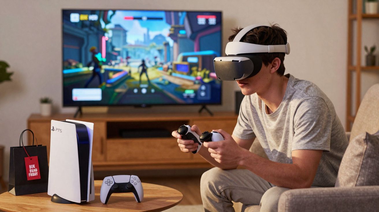 Jovem usando óculos de realidade virtual e controles, jogando videogame com PS5 em sala de estar.