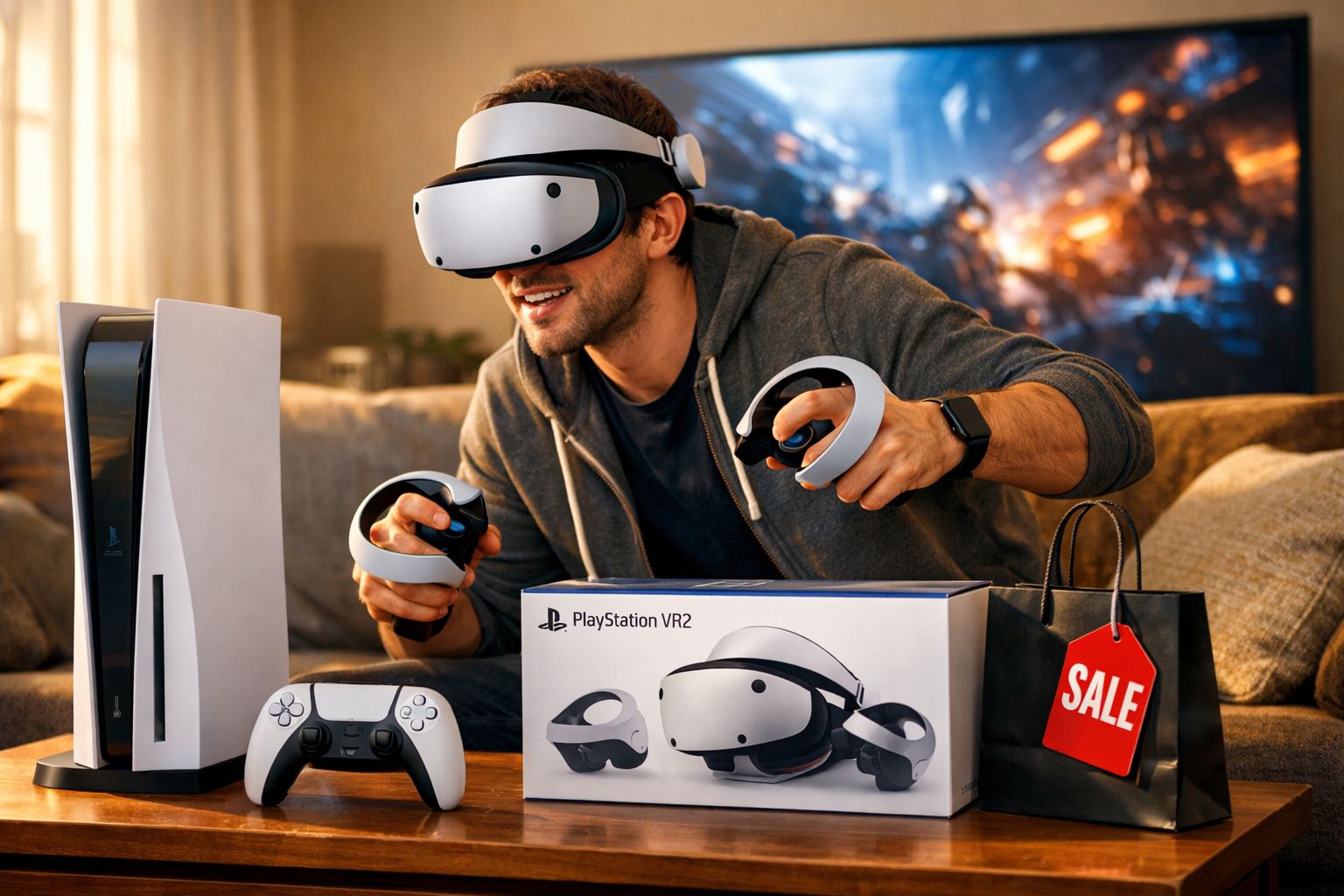 Homem usando óculos VR PlayStation VR2 com controles, console e caixa em mesa, ambiente aconchegante.