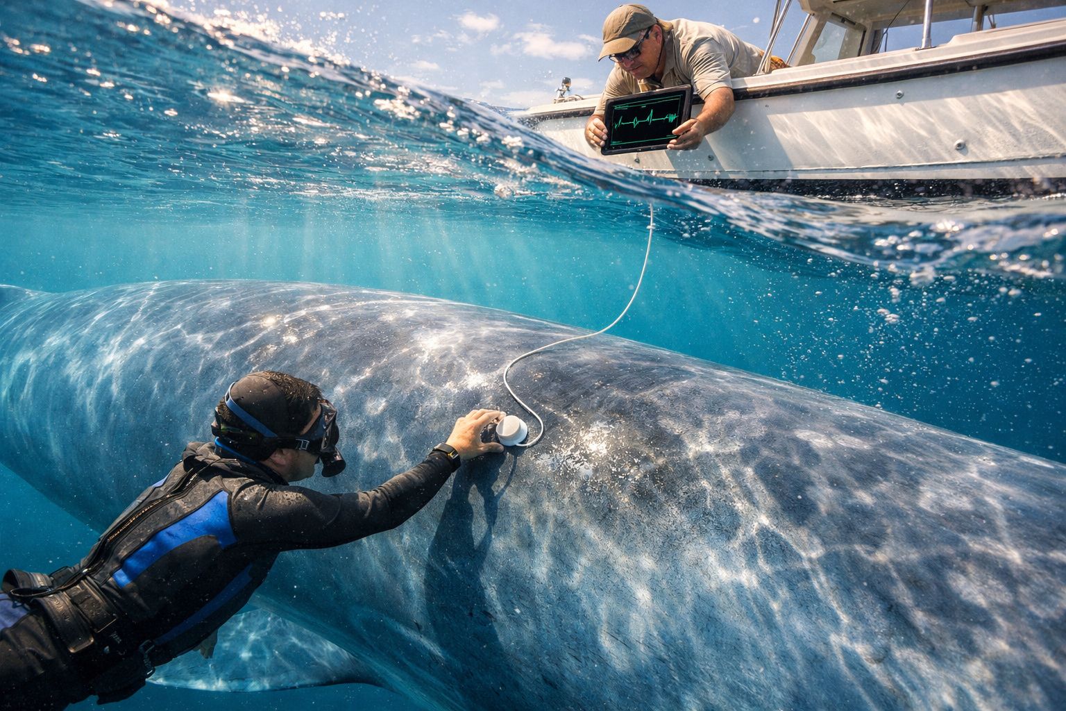 Mergulhador coletando dados de baleia azul com sensor conectado a barco na superfície do mar.