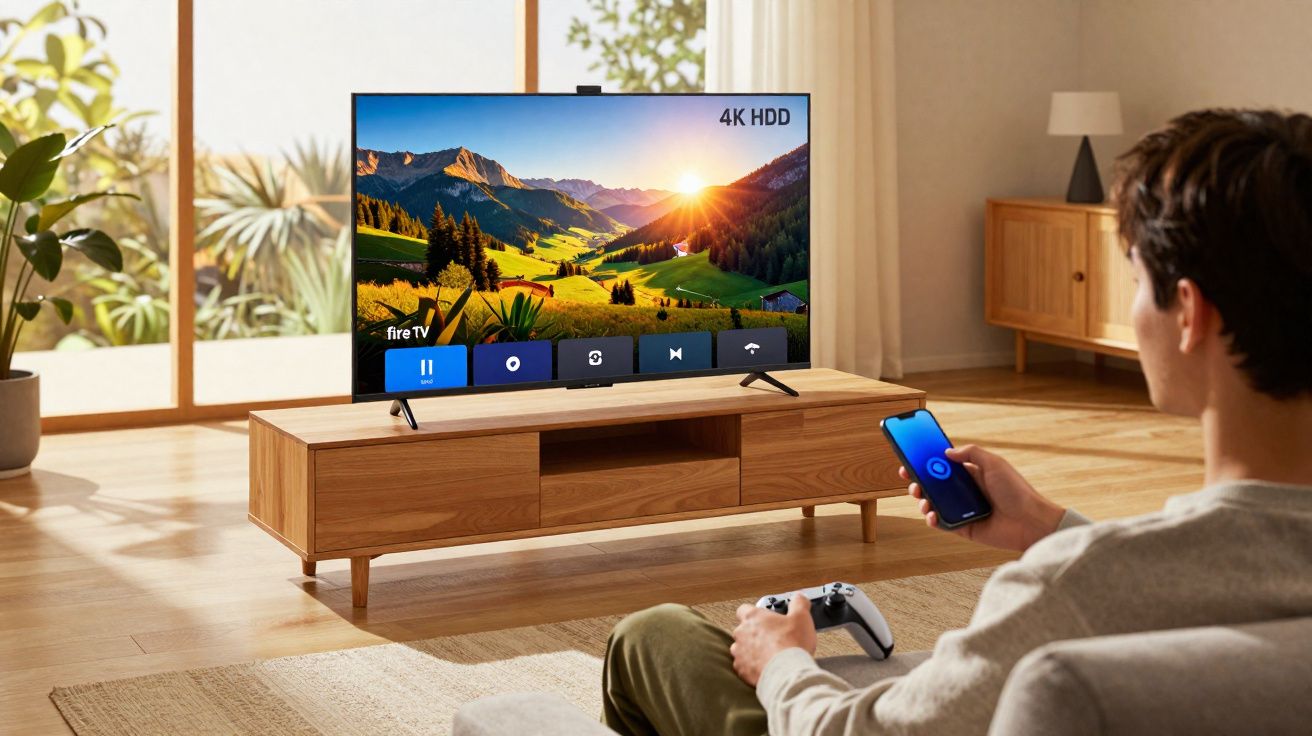 Pessoa assistindo TV 4K em sala com móvel de madeira e controle na mão.