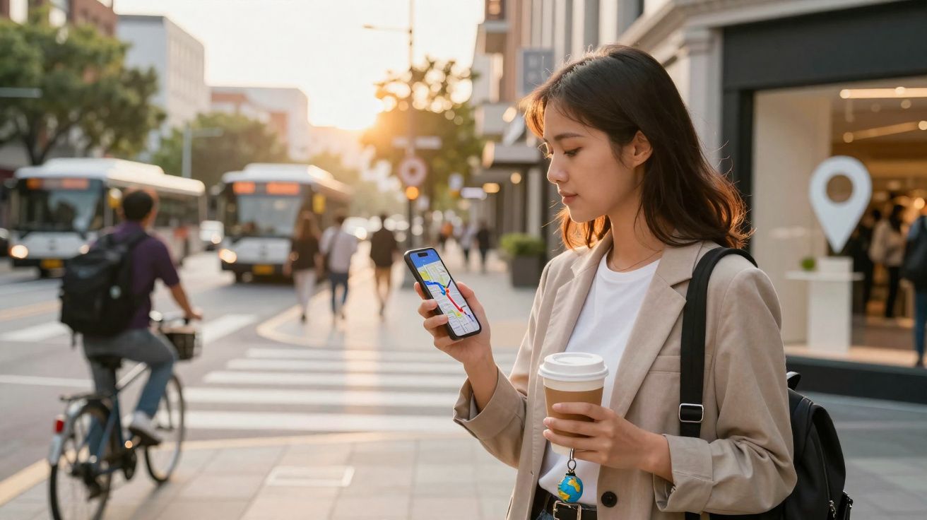 Mulher jovem segurando café e celular com mapa digital numa calçada urbana ao entardecer.