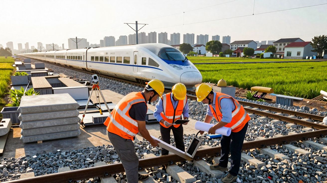 Três engenheiros com coletes laranjas e capacetes amarelos inspecionam trilhos com trem-bala ao fundo em área rural.