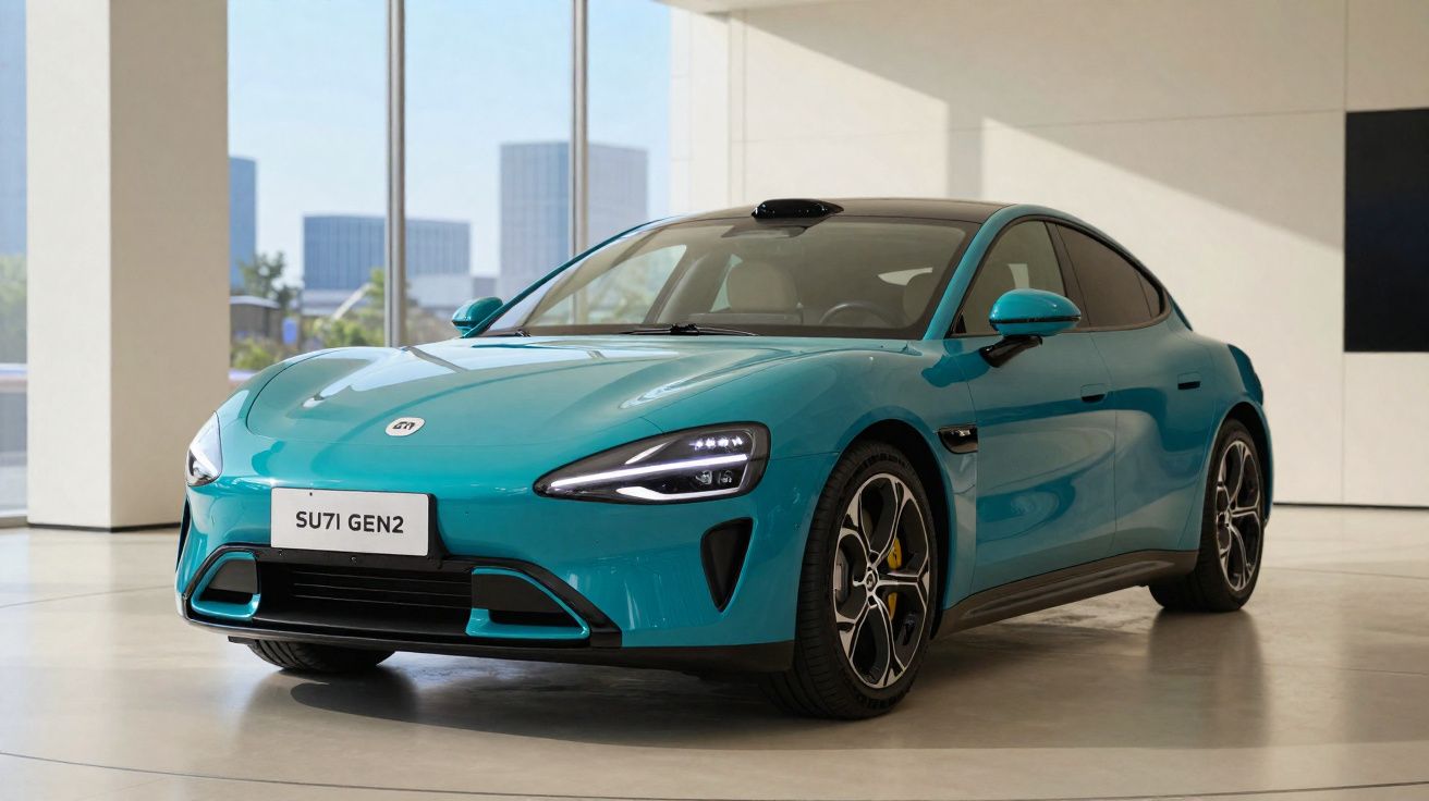 Carro elétrico azul SUV SU7I GEN2 estacionado em ambiente interno moderno e iluminado.