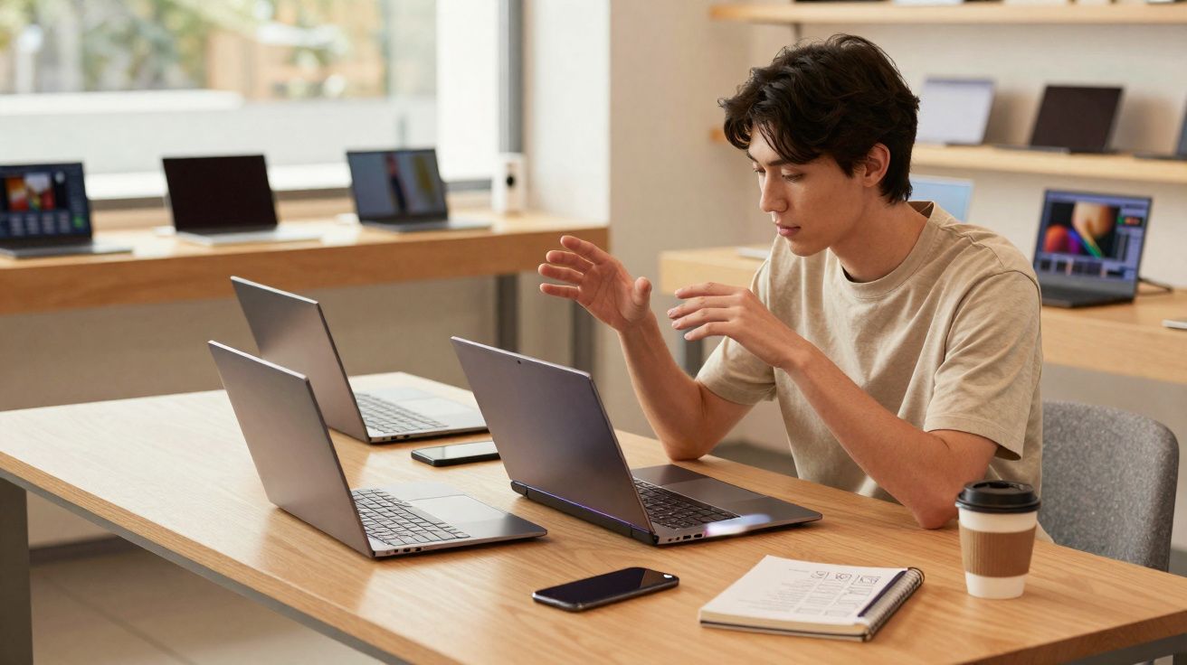 Jovem sentado à mesa interagindo com três notebooks e objetos pessoais em ambiente claro e moderno.