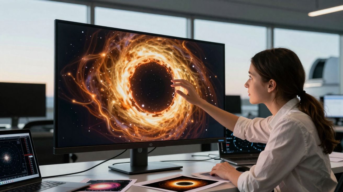 Mulher observa buraco negro em tela grande, mesa com laptops e imagens espaciais em escritório moderno.