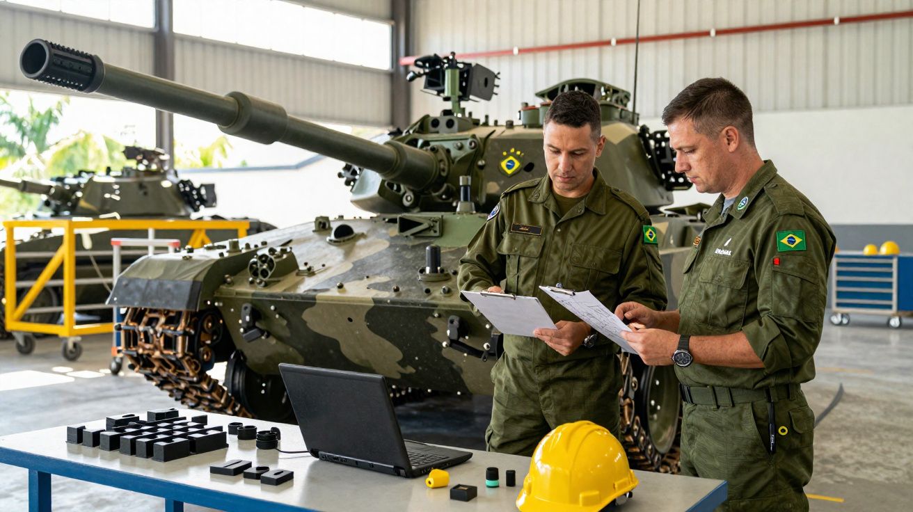 Dois militares brasileiros analisam documentos em frente a um tanque de guerra em ambiente fechado.