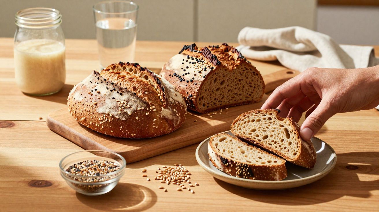 Pães artesanais fatiados com sementes sobre tábua de madeira, ao lado de copo de água e pote de grãos.