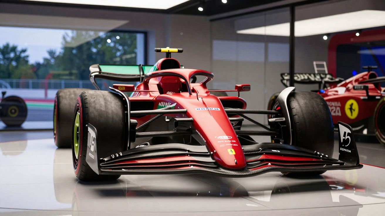 Carro de Fórmula 1 vermelho da Ferrari em exibição dentro de showroom moderno, com outro carro ao fundo.