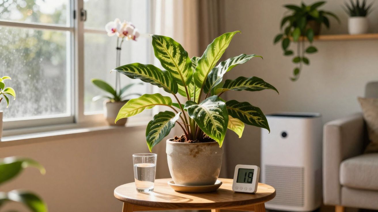 Planta em vaso sobre mesa redonda com vidro d'água e termômetro digital em sala iluminada por janela.