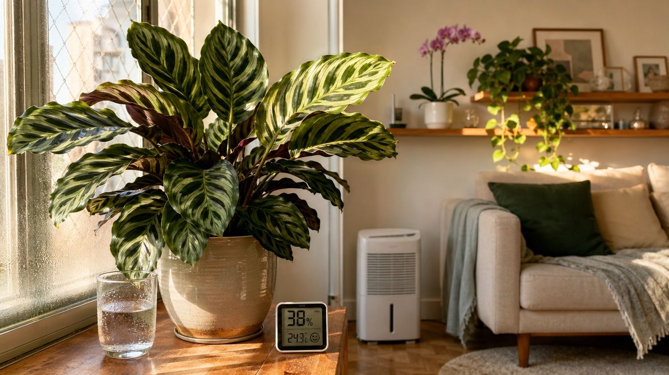 Planta em vaso sobre mesa ao lado de copo com água e higrômetro em sala iluminada com sofá e plantas ao fundo.
