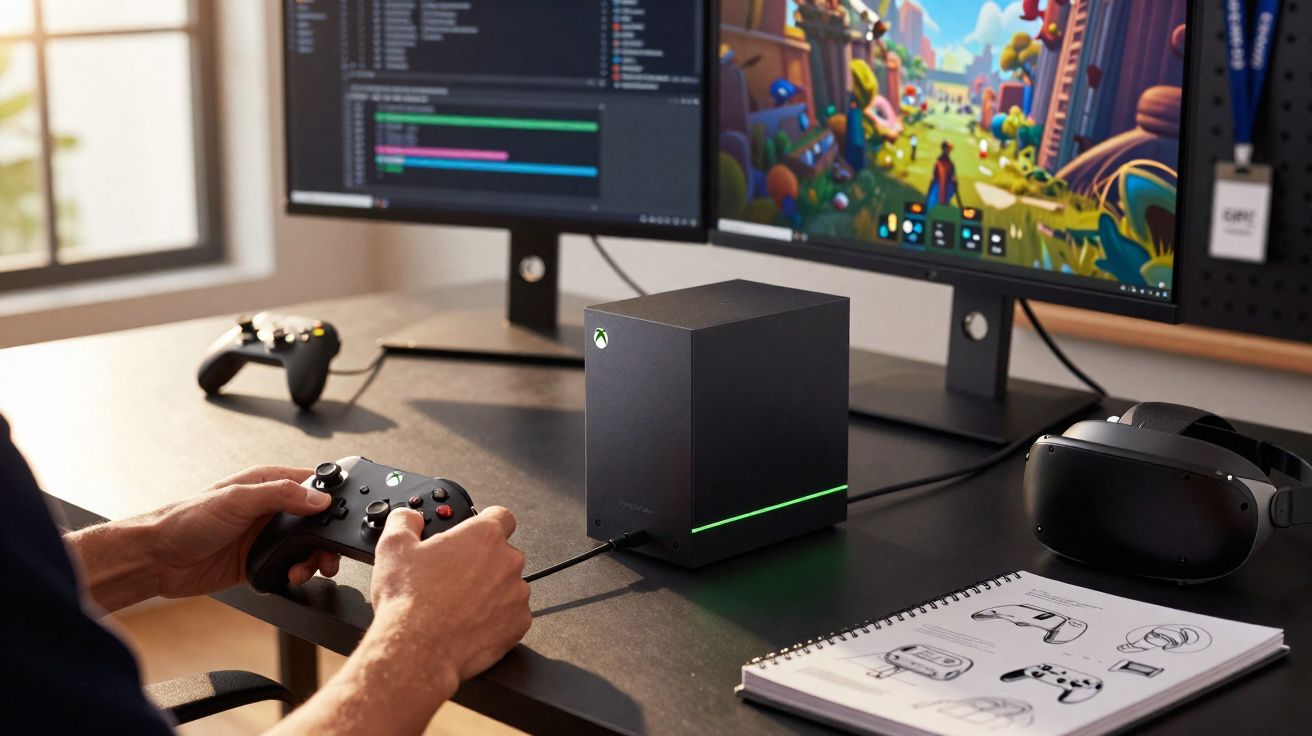 Pessoa jogando videogame com controle Xbox, central Xbox Series X, monitor duplo, headset VR e caderno de esboços.