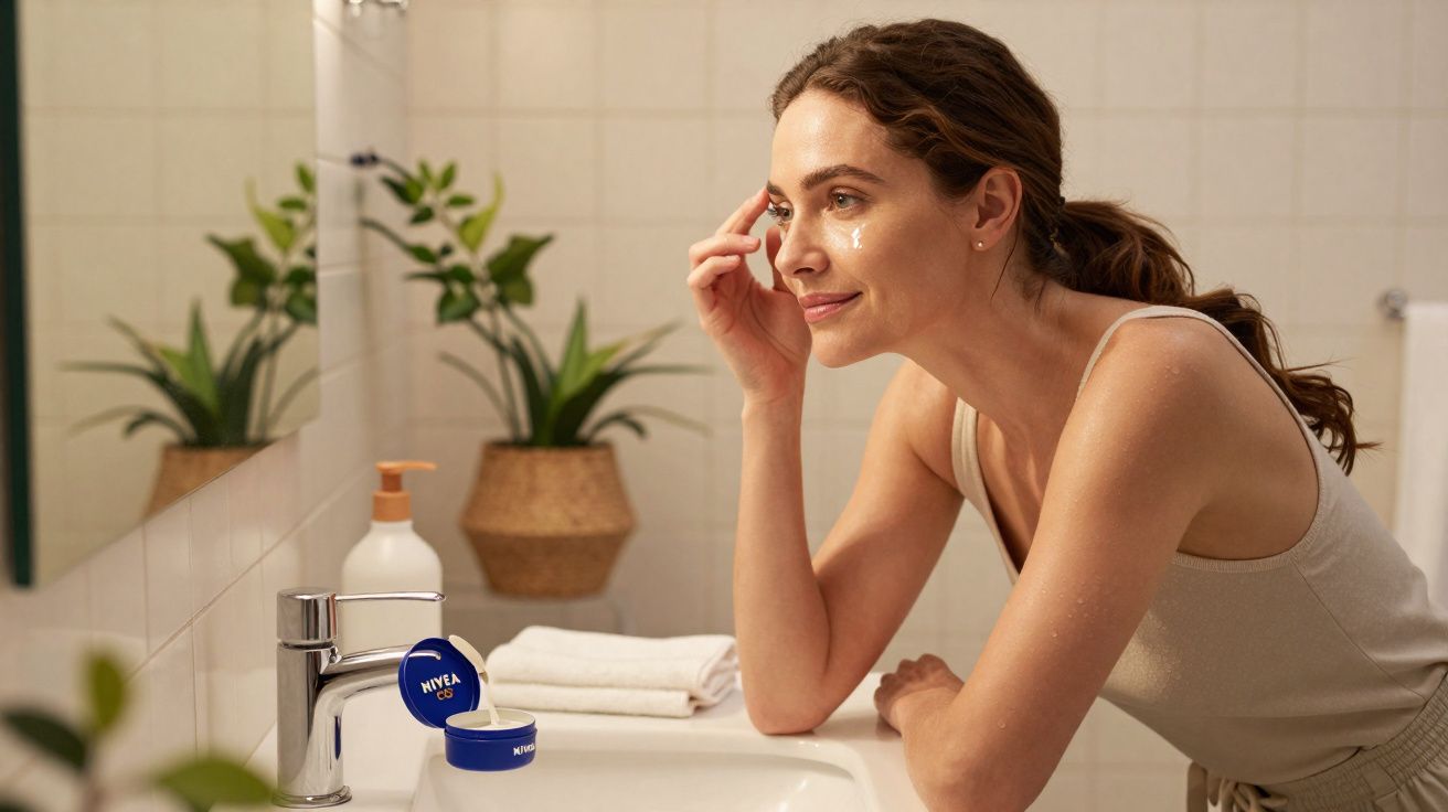 Mulher aplicando creme facial Nivea no banheiro com plantas e toalhas ao fundo.