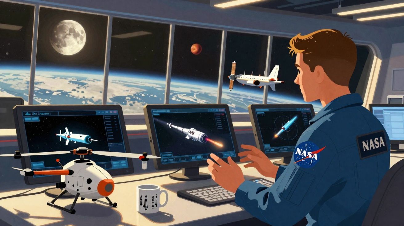 Homem com uniforme da NASA analisa imagens de foguetes em três monitores dentro de uma estação espacial.