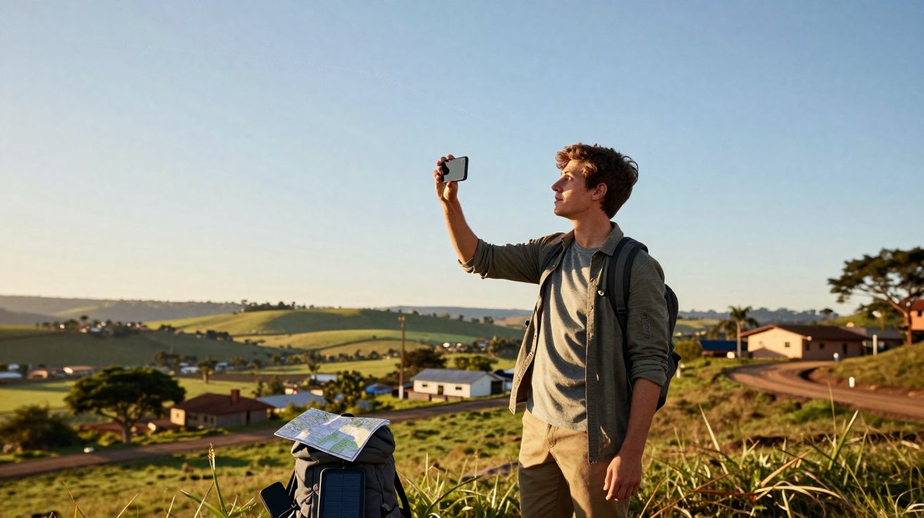 Homem jovem com mochila tirando selfie em área rural ao entardecer, com casas e colinas ao fundo.