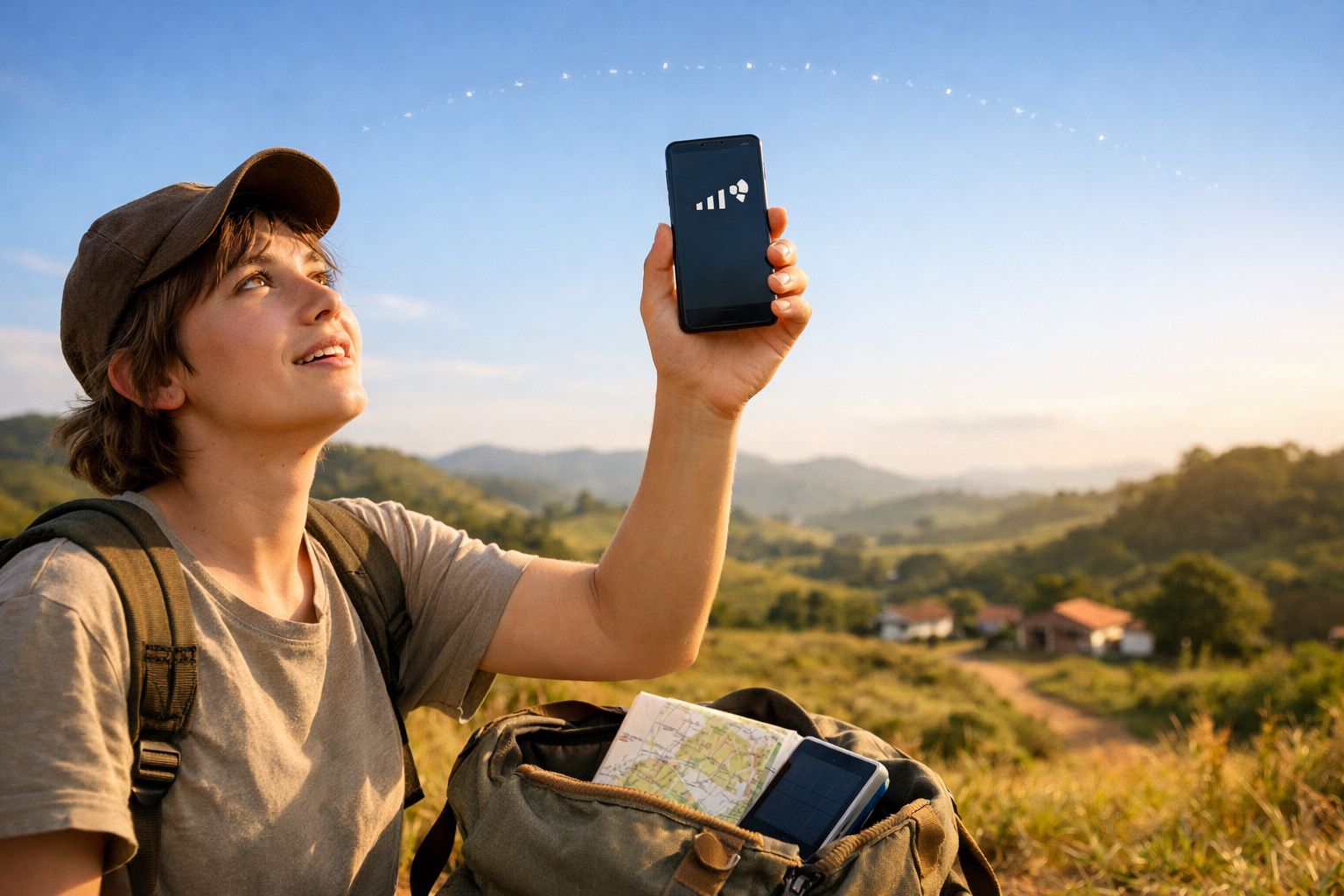 Jovem com boné mostra celular com sinal de internet no campo, com mapa e mochila ao lado.