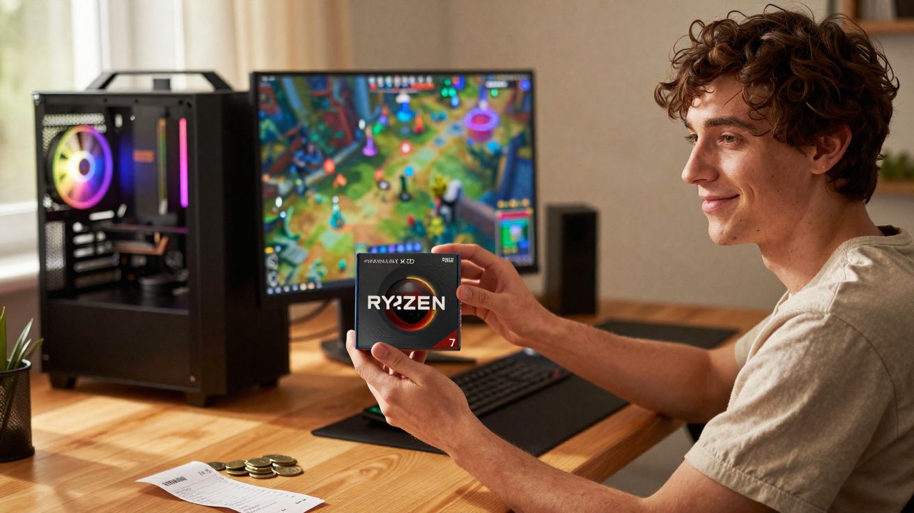 Jovem segurando processador Ryzen 7 ao lado de computador com game na tela em mesa de madeira.