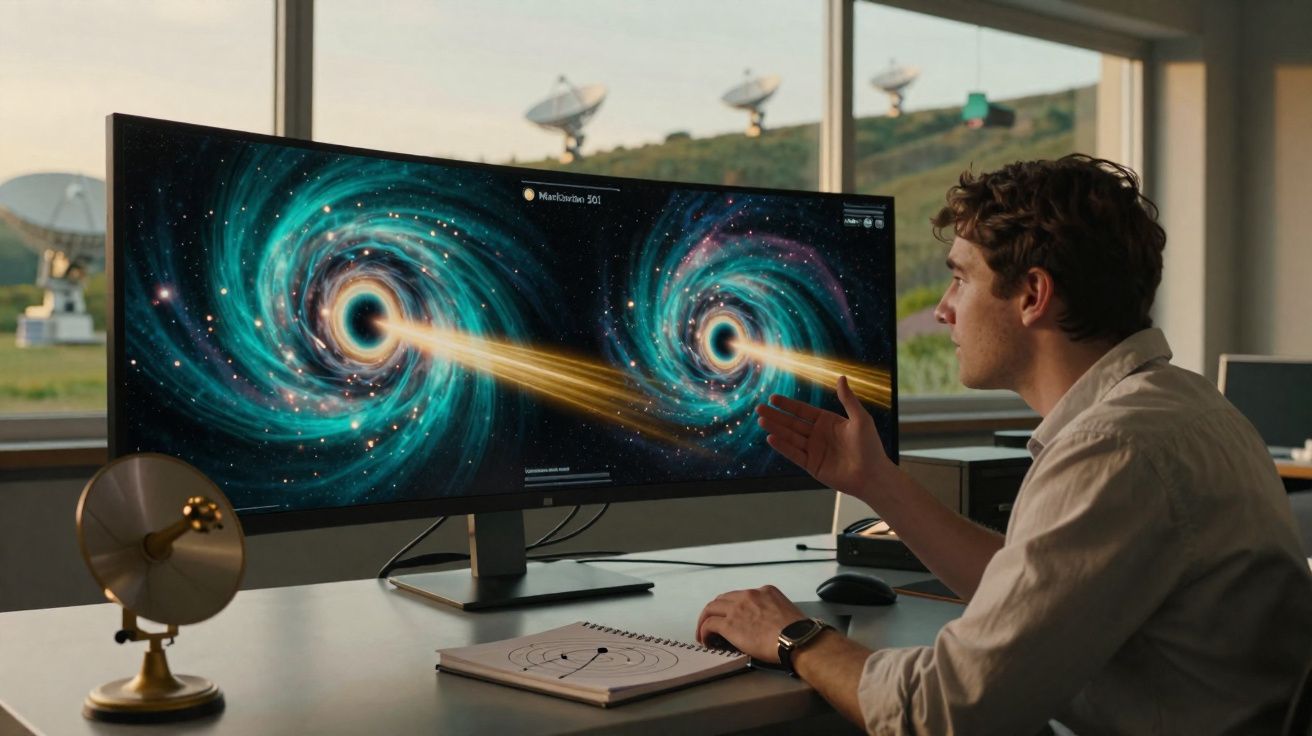 Homem sentado em mesa analisando duas imagens de buracos negros na tela do computador.