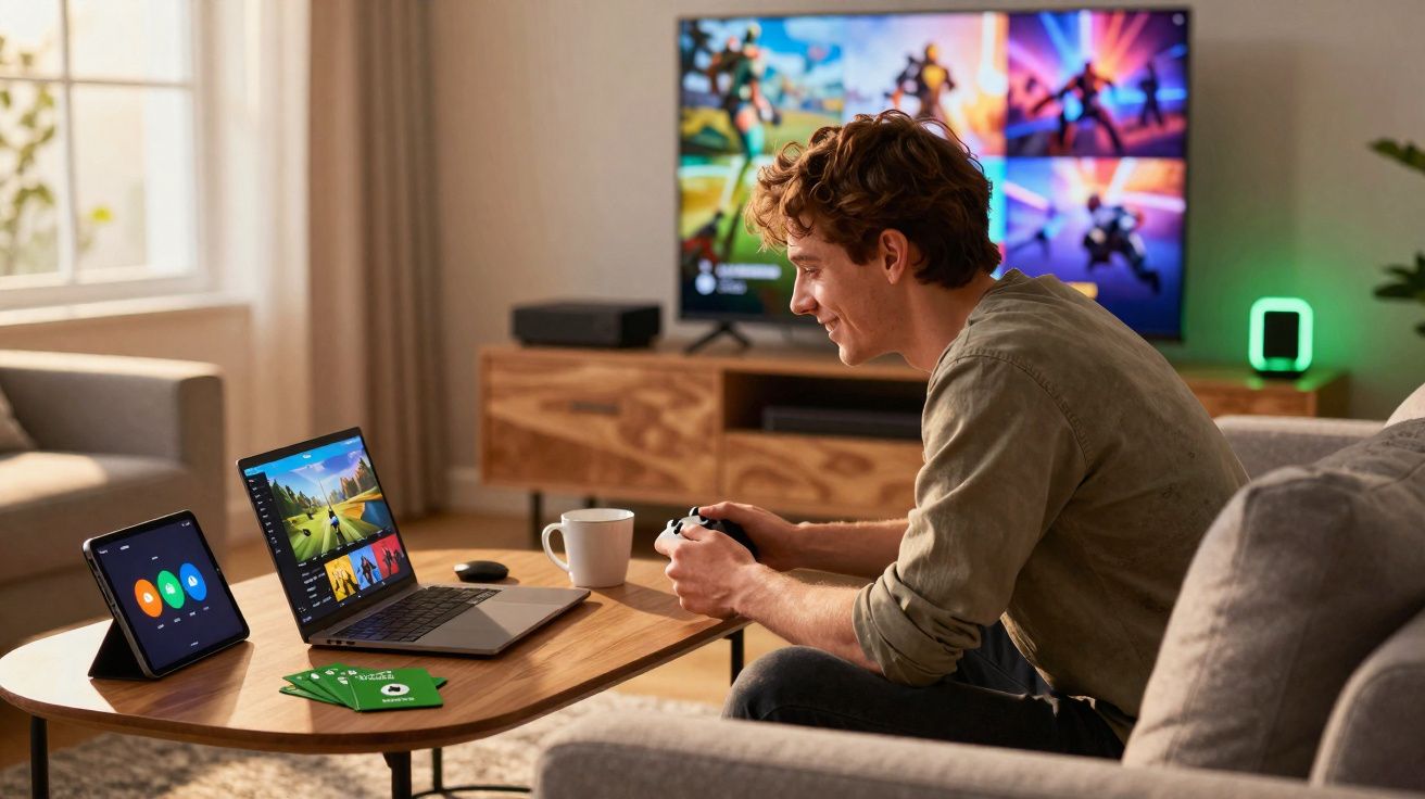Jovem jogando videogame com controle em mãos, com laptop e tablet à sua frente na sala.