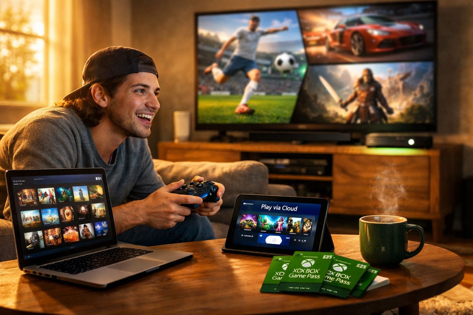 Jovem joga videogame na sala com notebook, tablet, TV exibindo jogos e três cartões Xbox Game Pass na mesa.