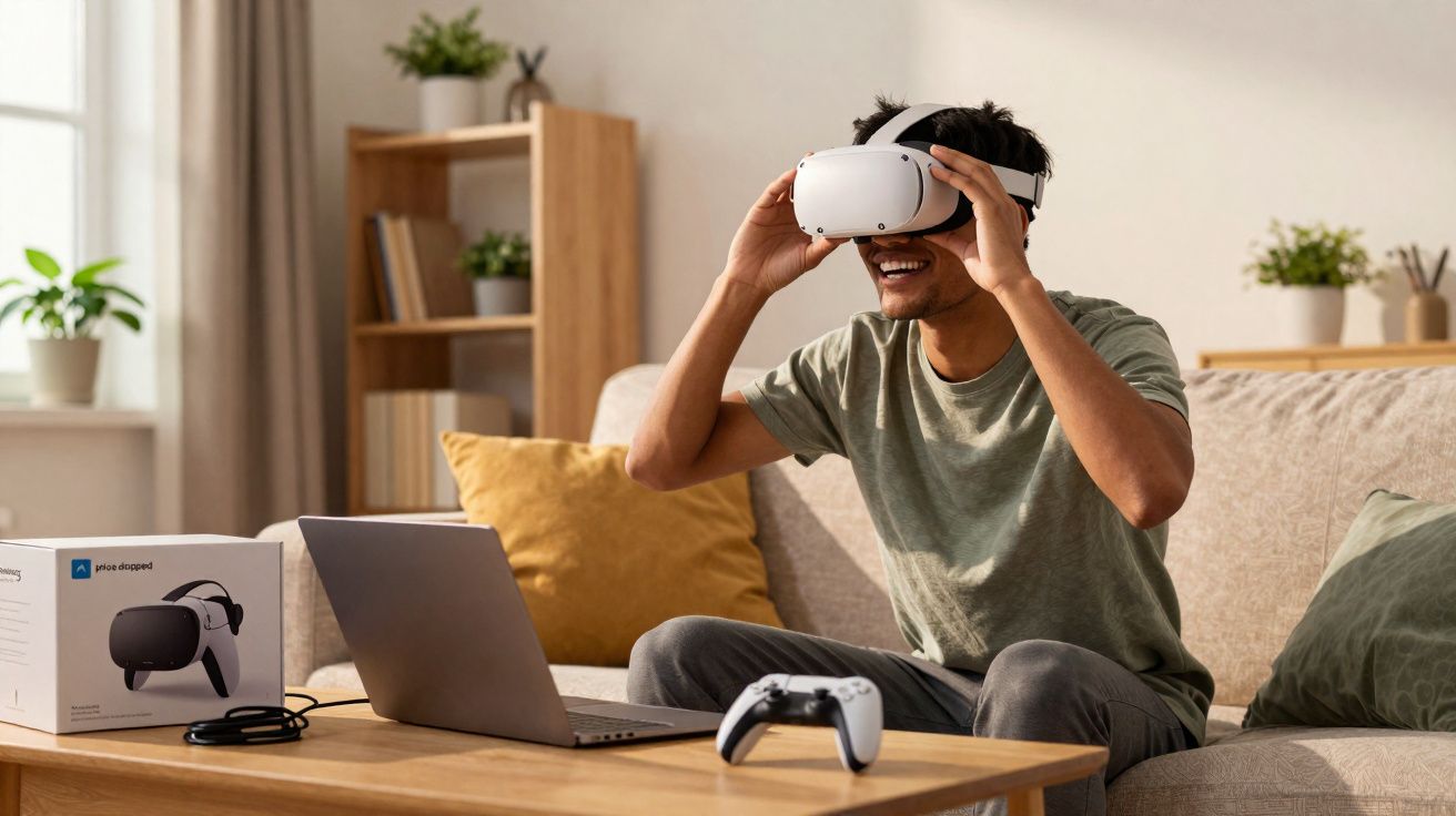 Homem sorrindo usando óculos de realidade virtual sentado em sofá com controle e laptop à frente.