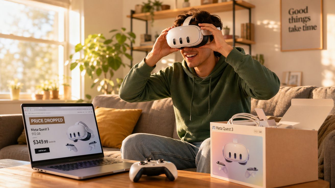 Homem sorrindo experimenta óculos de realidade virtual Meta Quest 3 em sala iluminada, com caixa e controle na mesa.