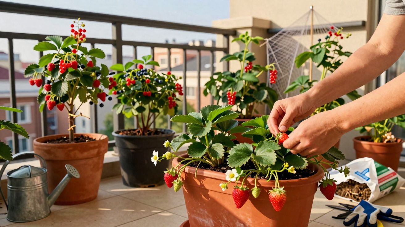 Pessoa colhendo morangos em vasos na varanda de um apartamento em dia ensolarado.